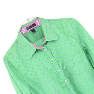 Lauren Ralph Lauren Green Paisley Cotton Pullover Blouse XL Pink Contrast Cuff